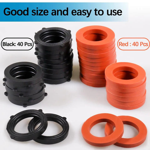 80 Pack Garden Hose Washers Rubber Gaskets For 3/4 Inch Fittings in black and red with self-locking tabs