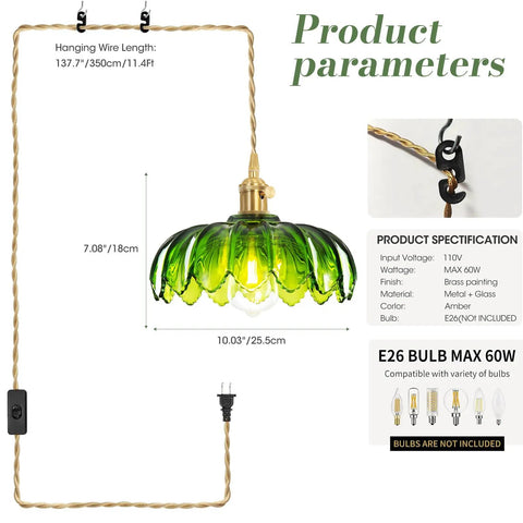 Super Easy Install Green Glass Plug In Pendant Light with adjustable cord, dark green glass shade and brass fittings.