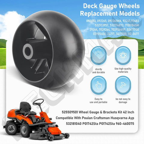 Heavy Duty Deck Gauge Wheel With Bracket Kit For 42 Inch Mower Deck, 5 Inch Wheel Diameter, 2-3/4 Inch Width, 1/2 Inch Center Hole, Hardware Included, Fits Husqvarna AYP Poulan Tractors And Lawn Mowers
