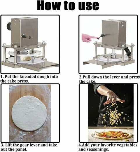 How to use Heavy Duty Electric Pizza Dough Press Machine Stainless Steel Roll Out Tool for homemade pastries in four steps.