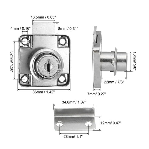Tough As Nails Drawer Locks With Keys Two Pack Alloy Steel cabinet lock dimensions with keyhole and latch in silver finish.
