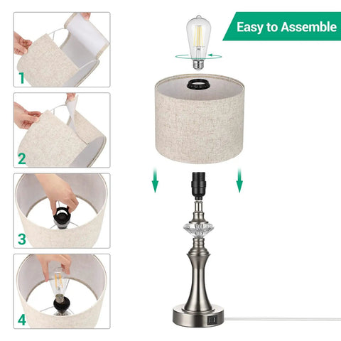 Assembly steps of Bedside Table Lamp With Two USB Ports And Three Way Dimmable Touch Control, Crystal Accent, and Fabric Shade.