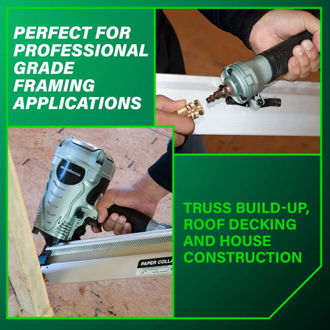 Close-up of Pro Grade Framing Nailer for Roofing, Flooring, featuring quick switch nailing and paper collated nails in use.