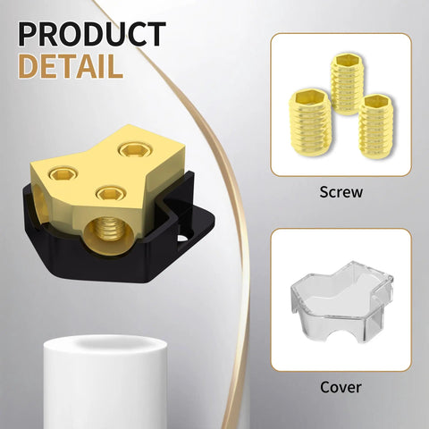 Beefed Up 12V Power Distribution Block For Car Audio And Boat 2 Way Amp Splitter In 0 2 4 Gauge Out 4 6 8 Gauge Ground Block With Clear Covers Heavy Duty Automotive And Marine Wiring Hub, gold screws and clear cover
