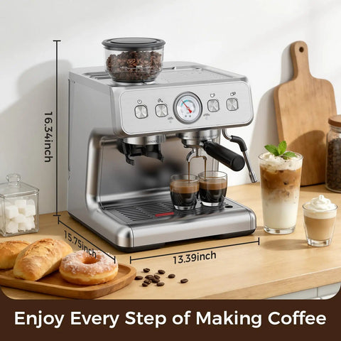 Level Up Your Daily Grind With This 15 Bar Dual Boiler Espresso Machine featuring a quick built in grinder and auto milk frother.