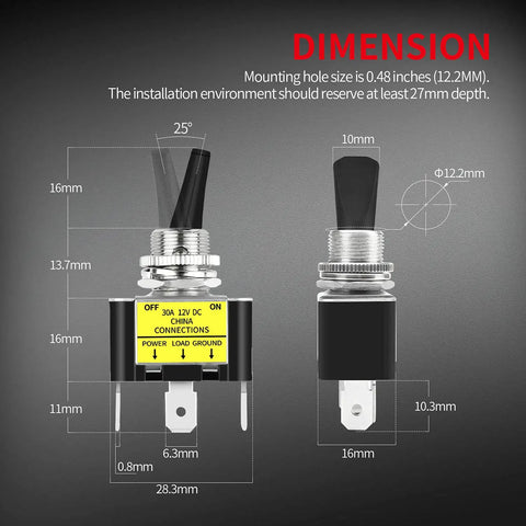 Dimensions of Blue LED Lighted Toggle Switch 12V 30A SPST On Off 3 Pin for Automotive Car Truck, Rocker Style