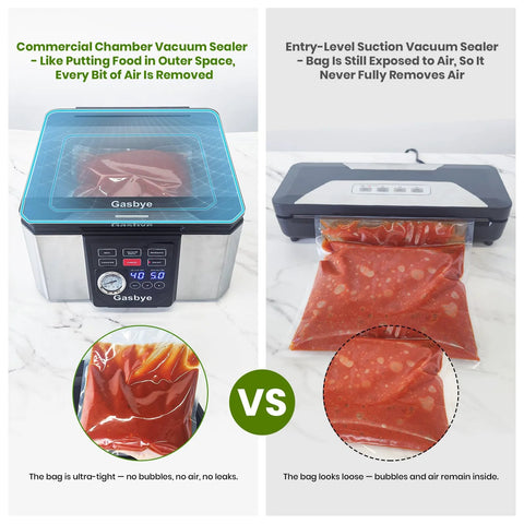 Gasbye chamber vacuum sealer, stainless steel with blue-tinted lid, 5.3QT large chamber, front view