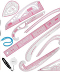 Top Shelf 13 Piece French Curve Ruler Set For Sewing Pattern Drafting And Fashion Design Includes Hip Curves Tracing Wheels And Measuring Tape, displaying all tools in pink and white, suitable for detailed pattern drafting.
