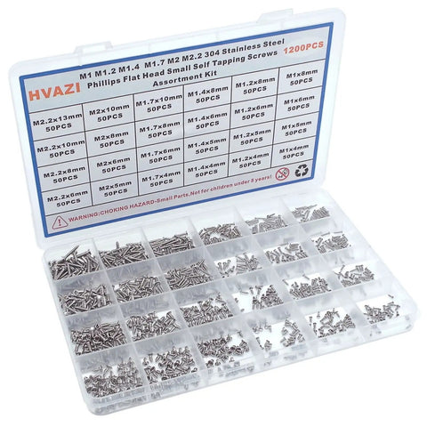 Massive 1200 Pieces 304 Stainless Steel Phillips Flat Head Self Tapping Screws Assortment Kit with 24 Sizes M1 M1.2 M1.4 M1.7 M2 M2.2