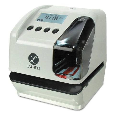 Heavy Duty Electronic Multi Line Document Stamp Featuring Built In Time Clock And Numbering Functions With A Slick LED Window.