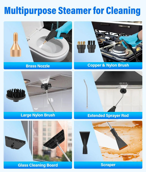 Multipurpose steam cleaner accessories including brass nozzle, brushes, cleaning boards, and scraper.