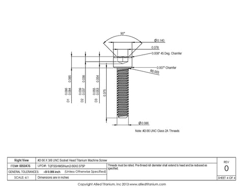 Technical drawing of a socket head screw, detailing dimensions and specifications for Pack Of 25 Titanium Socket Head Cap Screws 2-56 By 3/8 Inch Grade 2 CP True Titanium Stronger And Lighter Corrosion Free Saltwater Ready Polished Finish Meets ASME B18 3 For Durable High Strength Assemblies.