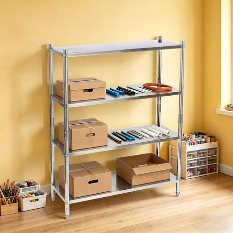 Knockout Four Tier Stainless Steel Shelving Rack With Adjustable Heights And Rock Solid 330 Pounds Heavy Duty Frame Built Tough For Garage Basement Or Kitchen Space Saving Storage Silver displaying boxes and tools in a bright room.