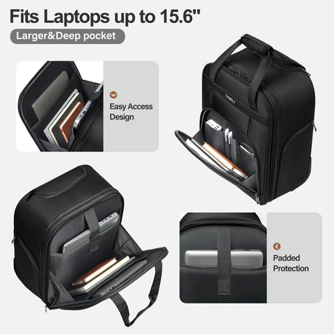 16 Inch Underseat Carry On Luggage With Wheels Softside Lightweight And Compact Travel Bag For Pilots And Crew, showing laptop fit with easy access pocket