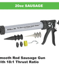 Heavy Duty 20 Oz Sausage Caulking Gun With 18 To 1 Drive Pro Grade Aluminum Barrel and accessories displayed