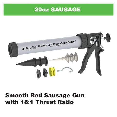 Heavy Duty 20 Oz Sausage Caulking Gun With 18 To 1 Drive Pro Grade Aluminum Barrel and accessories displayed