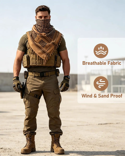Man wearing Military Style Shemagh Desert Scarf Wrap 100 Percent Cotton Keffiyeh Neck Headwear Desert Tan with tactical gear