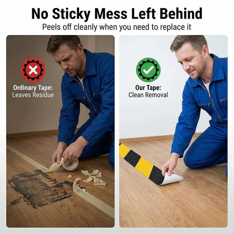 Comparison of ordinary tape leaving residue and Heavy Duty Non Slip Traction Tape For Indoor Outdoor Stairs And Floors being removed cleanly