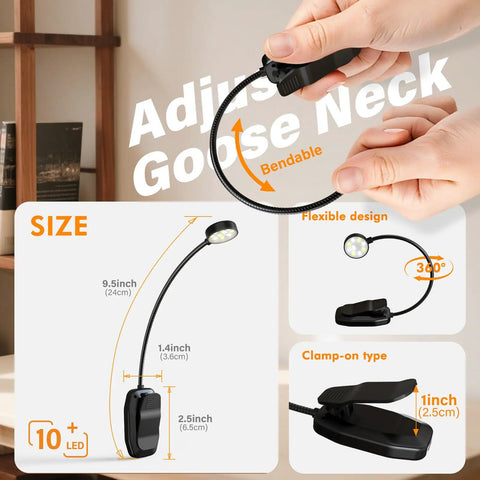 2 Pack Rechargeable Clip On Book Light With 10 LEDs shown with adjustable gooseneck and clamp-on design for flexible positioning.