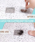 Peel And Stick Shower Drain Hair Catchers 30 Pack Disposable Mesh Filters Waterproof backing shown catching hair and soap scum in shower.