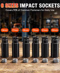 Half Inch Cordless Impact Wrench Delivers Up To 738 Foot Pounds Of Torque For Tough Bolts And Rusted Nuts Beast Mode Power For Car Tires Trucks SUVs RVs And Heavy Duty Garage Maintenance. 6 black impact sockets 14mm to 22mm on wooden table.