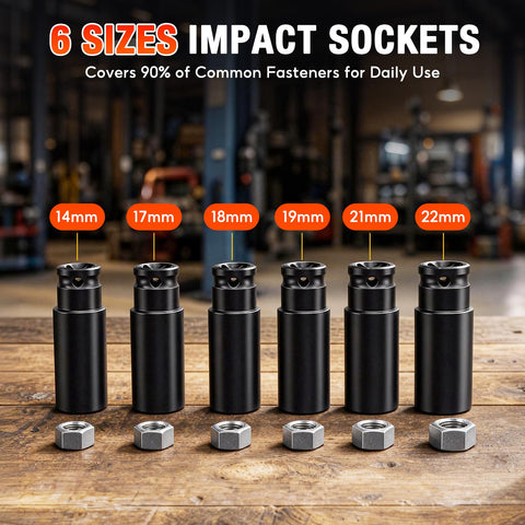Half Inch Cordless Impact Wrench Delivers Up To 738 Foot Pounds Of Torque For Tough Bolts And Rusted Nuts Beast Mode Power For Car Tires Trucks SUVs RVs And Heavy Duty Garage Maintenance. 6 black impact sockets 14mm to 22mm on wooden table.
