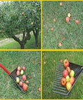 Heavy Duty Garden Rake That Slays Leaves And Debris With Ease Sturdy Tines scooping apples on grass.