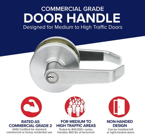 Beefed Up Heavy Duty Commercial Lever Door Lock With Keyed Entry Grade 2 Brushed Chrome Door Handle For Entrances And Passages