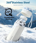 No Mess Hassle On The Fly Breast Milk Cooler in snow, showcasing 11 oz stainless steel bottle with cooling tube.