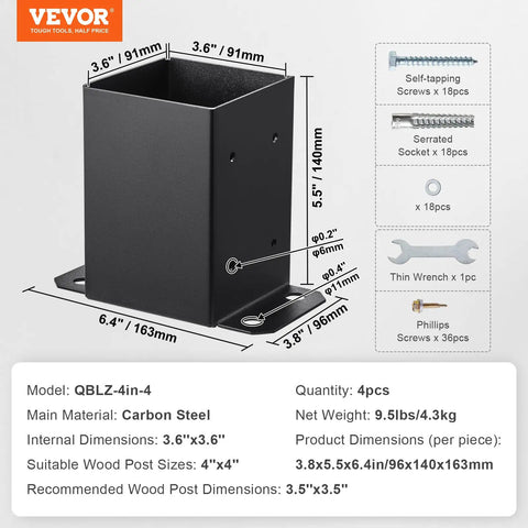 Hella Durable Heavy Duty Post Brackets 4 Pack Matte Black Wood Column Base Connectors For Deck Railing And Pavilion Support, carbon steel.