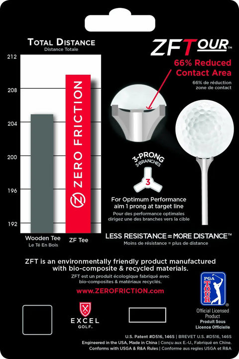 Tour 3-Prong Golf Tees White 3 1/4 Inch Pack of 30 packaging with performance chart and logo