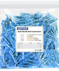 Bag of 200 blue heat shrink butt connectors for 16 to 14 AWG wire, waterproof electrical crimp terminal splices.