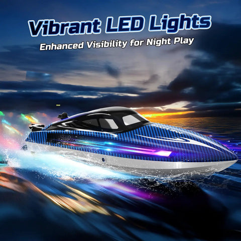 Fast 15 MPH RC Boat For Pools And Lakes With Dope LED Light Show racing on water at sunset