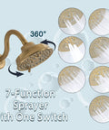 Boss Brushed Gold Shower Faucet Valve Kit showing 7-function spray modes with 360-degree swivel head view.
