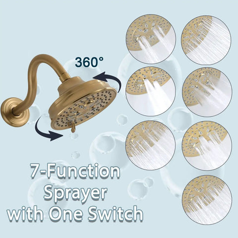 Boss Brushed Gold Shower Faucet Valve Kit showing 7-function spray modes with 360-degree swivel head view.