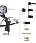 Heavy Duty Air Compressor Accessory Kit With Tire Inflator Gauge, Air Blow Gun And 1/4 Inch NPT Fittings components displayed