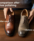 Premium Eleven Piece Leather Care Kit With Horsehair Brushes Rich Saddle Soap Conditioning Mink Oil Waterproofing Wax Soft Polishing Cloths and Microfiber Pads side-by-side shoe polish comparison before and after use.