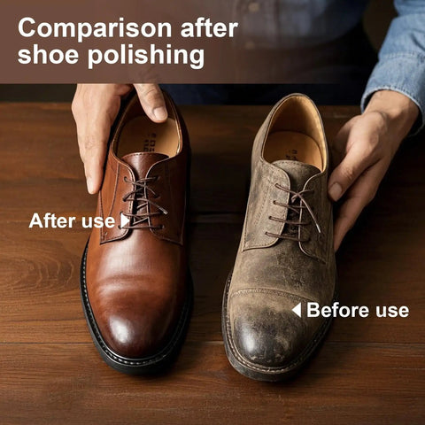 Premium Eleven Piece Leather Care Kit With Horsehair Brushes Rich Saddle Soap Conditioning Mink Oil Waterproofing Wax Soft Polishing Cloths and Microfiber Pads side-by-side shoe polish comparison before and after use.