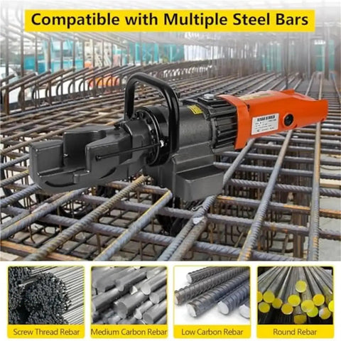 Heavy Duty Rebar Cutter And Bender Combo 900W Electric Hydraulic Steel Rod Bending Machine used on steel bars in construction.