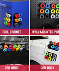 Magnetic trays of 18-Piece Engine Oil Funnel Kit With 12 Color-Coded Adapters on tool cabinet, wall panel, car hood, and car body