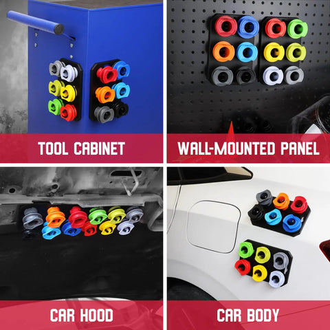 Magnetic trays of 18-Piece Engine Oil Funnel Kit With 12 Color-Coded Adapters on tool cabinet, wall panel, car hood, and car body