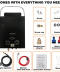 Propane Portable Instant Water Heater Features Digital Display And Delivers Wicked Warm Flow For Outdoor Adventures Like Camping Or Rv Living Built With Six In One Safety Tech So You Can Chill Without Worries About Scalding Or Leaks, showing included parts and accessories.