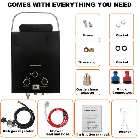 Propane Portable Instant Water Heater Features Digital Display And Delivers Wicked Warm Flow For Outdoor Adventures Like Camping Or Rv Living Built With Six In One Safety Tech So You Can Chill Without Worries About Scalding Or Leaks, showing included parts and accessories.