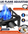 Beast High-Pressure Outdoor Propane Stove With 100,000 BTU Heat, featuring blue flame, adjustable hose, and regulator.