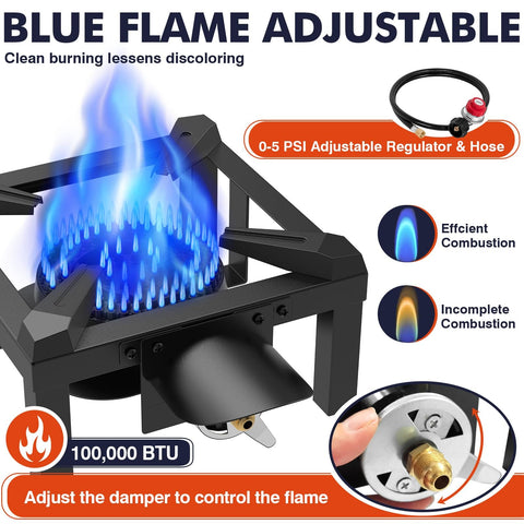 Beast High-Pressure Outdoor Propane Stove With 100,000 BTU Heat, featuring blue flame, adjustable hose, and regulator.