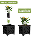 Lattice Design Planter Box Two Pack 14.75 Inch Square Outdoor Plant Pots For Flowers Or Plants Farmhouse Style Deck Ready Front Porch Patio Garden Decor Black with potted plant option