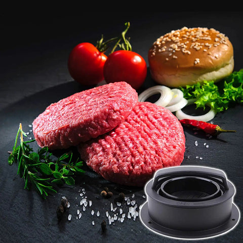 3 In 1 Hamburger Press With Nonstick Patty Mold, raw patties, buns, tomatoes, onions, and herbs for grilling and barbecue mastery.