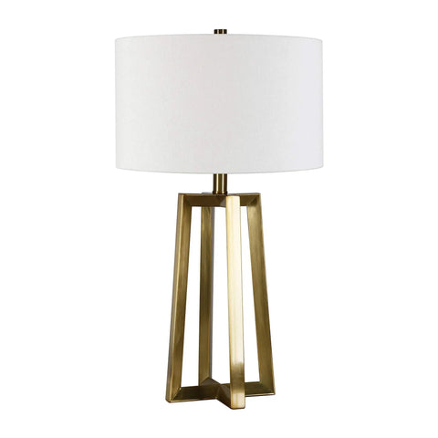 Tall Table Lamp With Brass Finish And White Drum Fabric Shade, 24.5 Inch Tall, Modern Contemporary Living Room And Bedroom Accent Light.