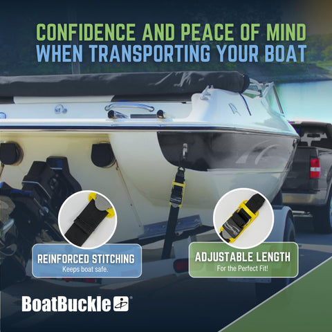 Pro Series Kwik Lok Boat Tie Down Straps For Trailers With Boat Pads securing a boat, showing reinforced stitching and adjustable length, 1200 lb strength