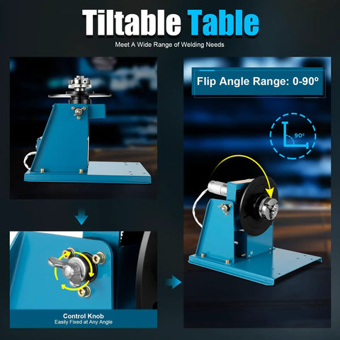 110V 10Kg Portable Welder Positioner Turntable Machine with 3 Jaw Chuck, showing adjustable tilt mechanism from 0 to 90 degrees